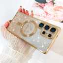 Fiyart Designed for Samsung Galaxy S24 Ultra Case,Compatible with MagSafe Love Heart Plating Camera Protection Clear Glitter Magnetic for Women Girls Shockproof Phone Cover Bumper 6.8"-Gold