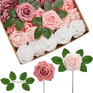InnoGear Artificial Flowers, 50 Pcs Shades of Dusty Foam Fake Roses Bulk with Stems for Decoration DIY Wedding Bouquets Centerpieces Bridal Shower Party Christmas Tree