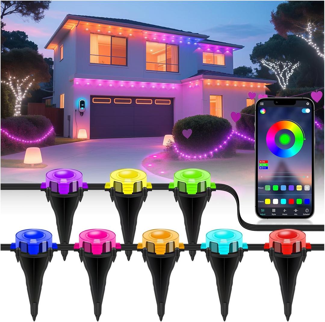 Permanent Outdoor Lights for House,50 FT RGB Valentines Outdoor Ground Lights, Bluetooth Music Sync, IP67 Waterproof, Timer, Remote & App Control for Eaves,Landscape and Pathway Lights.