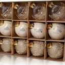 12PCS Champagne Gold Glitter Christmas Tree Ornaments  3.15 Shatterproof Baubles with Clear Sparkly Sequin & Star Accents, Holiday Ball Decorations for Xmas Tree, Party & Home Dcor (Champagne)