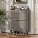 Shoe Storage Cabinet with Handmade Rattan Drawers, Freestanding Shoe Organizer Cabinet with Solid Wood Legs, Narrow Shoe Cabinet Storage for Entryway, Rustic Slim Shoe Rack Cabinet (Grey) (Width - 31.5 inches)