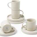 famiware Star Espresso Cups and Saucers Set of 4, [ Mini ] 3 oz Ceramic Small Coffee Mug with Handle, Ribbed Stoneware Demitasse Cup for Tea, Latte - Microwave & Dishwasher Safe - Matte White