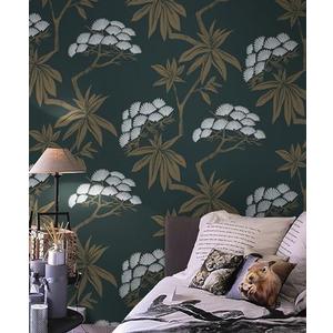 Pack of 2, CiCiwind Peel and Stick Wallpaper 16"×78.7" Brown and Green Contact Wallpaper Vintage Green Removable Self-Adhesive Plant Leaves Wall Paper for Walls Covering Bedroom Bathroom