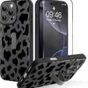 OOK for iPhone 16 Pro Max Case with Screen Protector, Cute Cow Print Design with Adjustable Finger Strap Kickstand Full Body Protection for Women Men Phone Cover-Black
