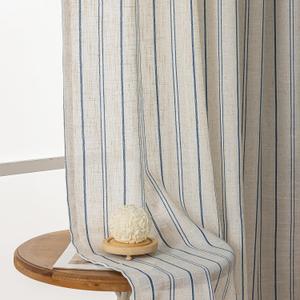 Boho Blue Striped Linen Textured Curtains for Living Room 96 inches Long Rod Pocket Light Filtering Window Drapes for Bedroom Dining 2 Panels