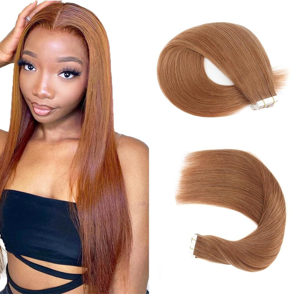 Color #30 Tape in Extensions Human Hair 16 Inch Light Brown Straight Tape in Seamless Extensions Human Hair Skin Weft Seamless Invisible Unprocessed Virgin Remy Hair 45g 10 Pcs
