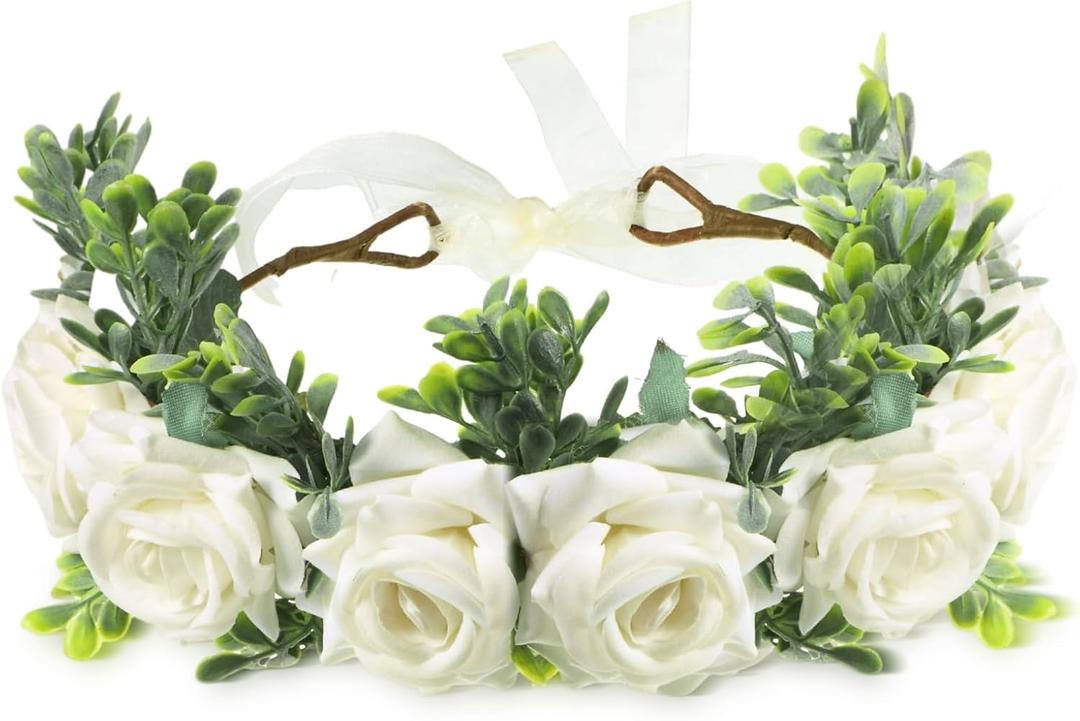 Honoson Dog Wedding Flower Collar, Adjustable Artificial White Rose Floral Attire Wreath with Ribbon Tie, Pet Puppy Cat Outfit for Female Male Dog Engagement Photo Prop Bridal Shower(Medium)