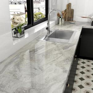 Glossy Silver/Beige Marble Countertop Contact Paper 24''x118'' Shiny Peel and Stick Marble Wallpaper for Bathroom Kitchen Waterproof Self Adhesive Marble Wall Paper for Drawers Desk Shelf Liner Decor (24" x 118")
