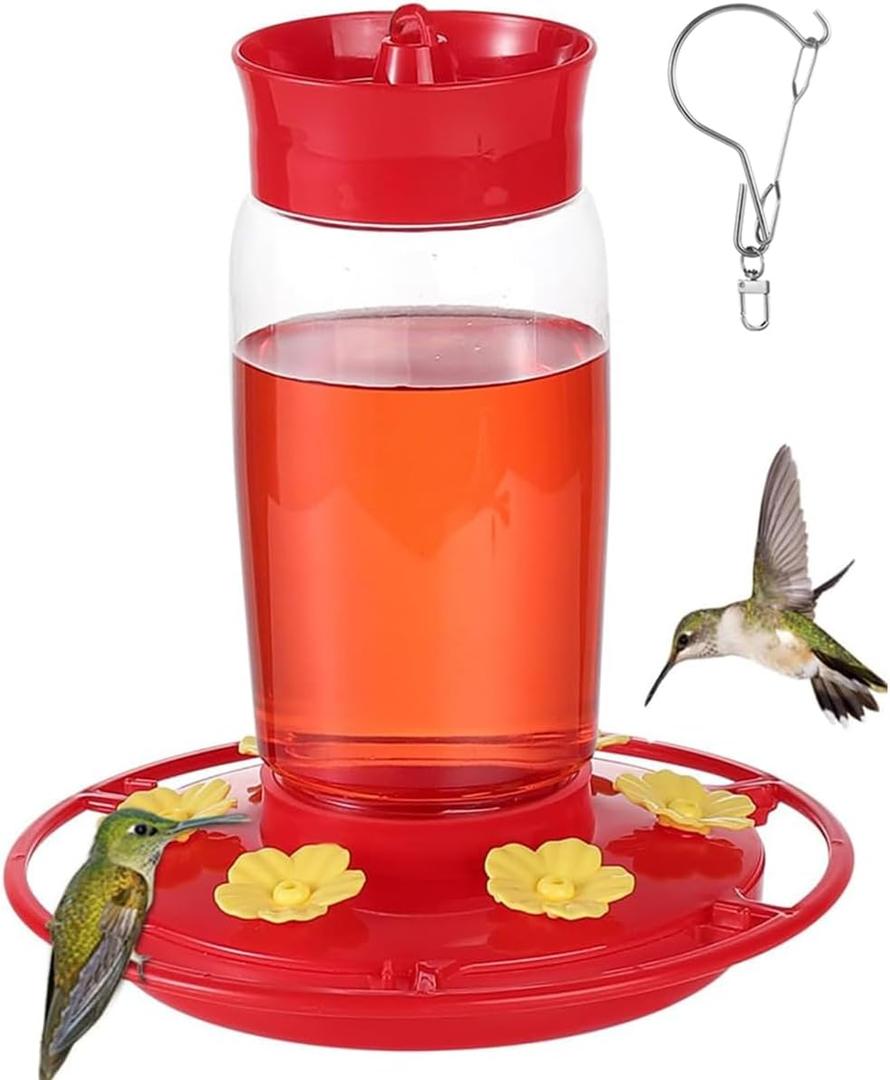 Plastic Hummingbird Feeder - 22oz Leakproof Outdoor, 6 Bee-Proof Ports with Ant Moat, Wide Mouth Easy Clean, Hanging Hook for Trees or Decks