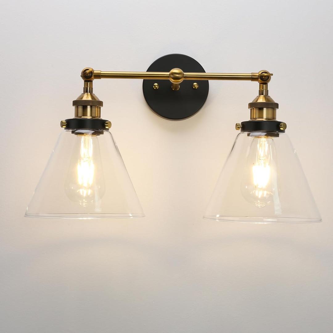 PERMO Industrial 2-Lights Wall Sconces with Dual Funnel Clear Glass Shade Double Sconce Antique Wall Sconce for Mirror Hallway Bedroom, Hardwired, E26 Base