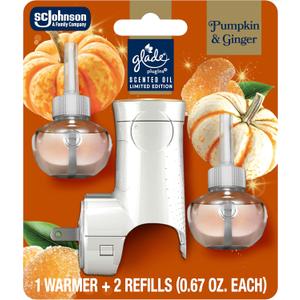 Glade PlugIns Refills Air Freshener Starter Kit, Pumpkin & Ginger, Scented and Essential Oils for Home and Bathroom, 0.67 Fl Oz, 1 Warmer + 2 Refills
