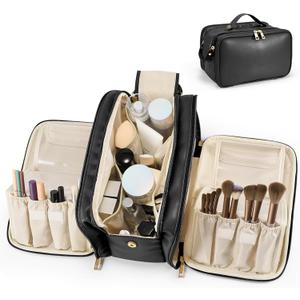 Travel Makeup Bag Women's Large Capacity Cosmetic Portable Organizer Large Opening Waterproof Storage Toiletry Bags Vertical Free-Standing Brush Holder for Easy Access Black