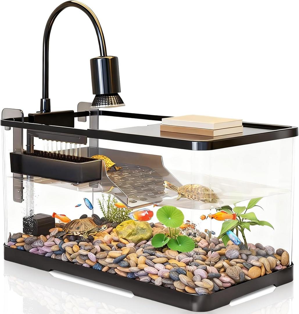 (Tank + Light +Pump + Filter Balls) Turtle Tank Kit, Turtle Tank Starter Kit,Bottom Drainage, Multi-Function Areas for Turtles, Crabs,Fishes, Amphibians,Reptiles. (15.75 x 8.64 x 8.64 Inch)