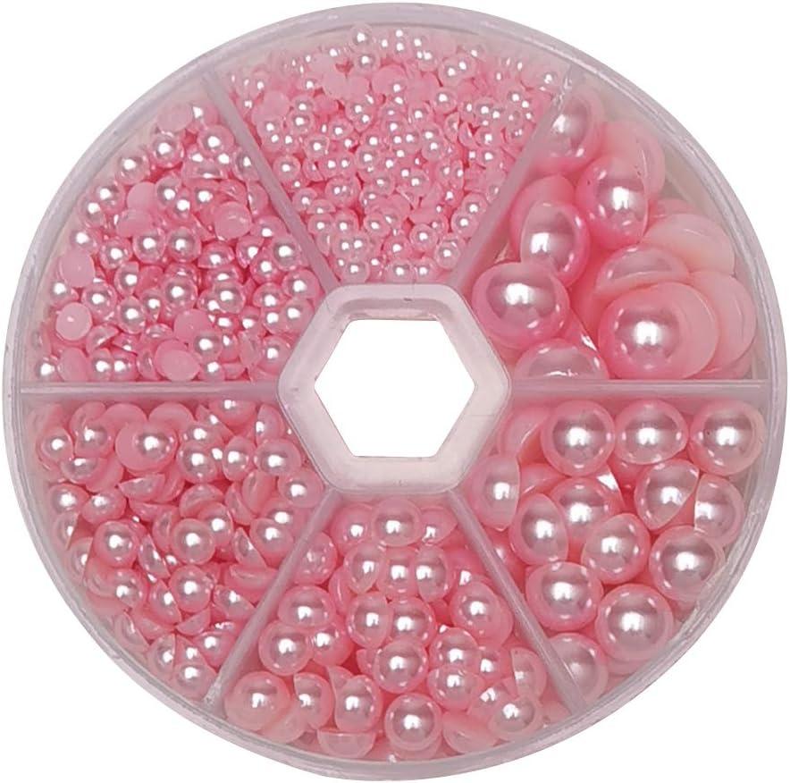 Libiline 1 Box 1170pcs Mix Sizes Round 3/4/5/6/8/10mm Flat Back Beads Half Pearl Scrapbooking Bead for Wedding Ornament (Pink)