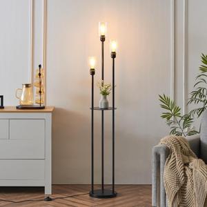 LEDIARY 65" Floor Lamp for Living Room 3-Light Modern Floor Lamps with Shelves, Glass Shades Standing Lamp with On/Off Foot Switch for Bedroom, Black Tall Lamp for Office Corner