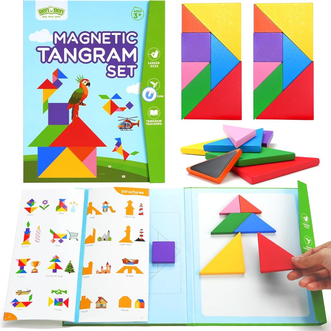 BenBen Travel Tangram Puzzle with 2 Sets Magnetic Wooden Shapes, Extra Large Dual-Sided Magnet Surface, Color Pattern IQ Book Road Trip Car Plane Game Educational STEM Travel Toys for Kids Adults