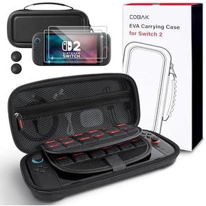 CoBak Large Capacity Carrying Case for Nintendo Switch 2 (2025) - 3 in 1 Accessories Bundle with 2 Screen Protectors, Thumb Grip Caps, 24 Game Cartridges, Hard Shell Portable Travel Pouch, Black