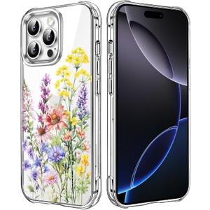 Wild Flower Clear Case Compatible with iPhone 16 Pro, Cute Girls and Women Floral Back Case Cover, Summer Flowers Transparent Flexible TPU Bumper Shockproof Protective Phone Case