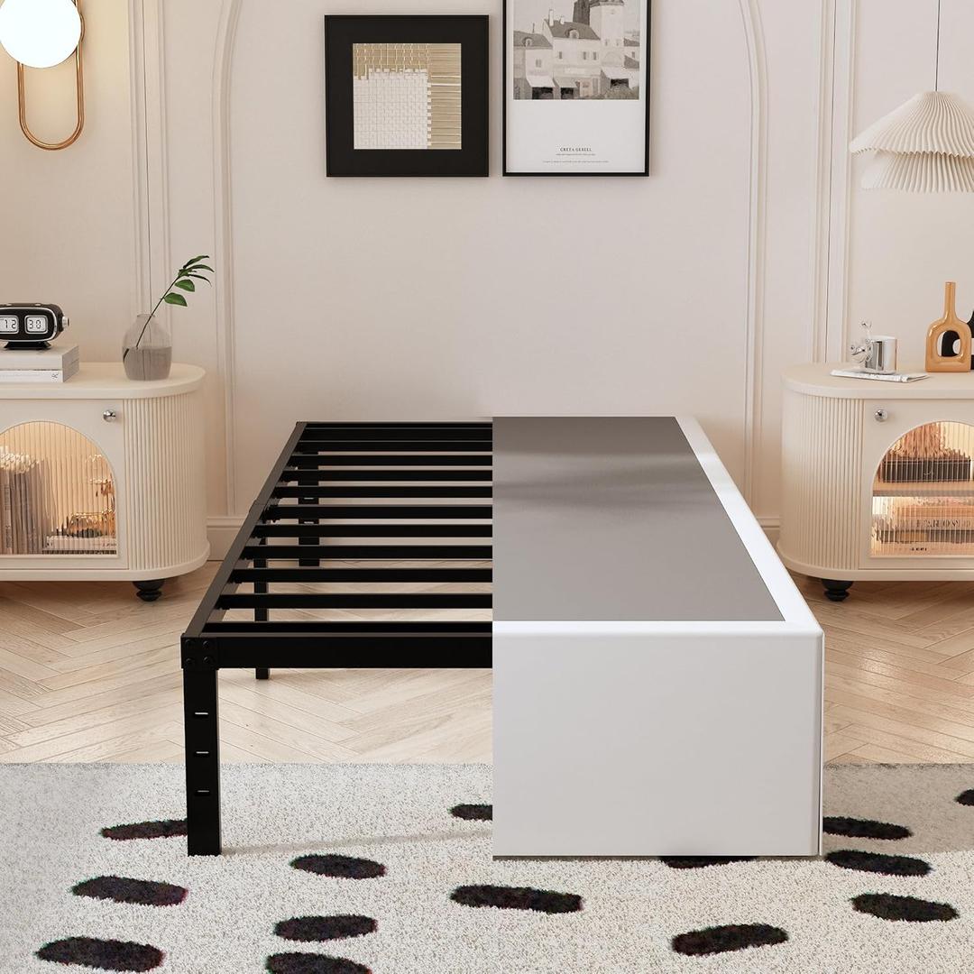 Twin Bed Frame with White Fabric Cover 14 Inch, Heavy Duty Metal Bed Frame Twin, No Box Spring Needed, Support Up to 2500 lbs, Easy Assembly, Noise Free, Black