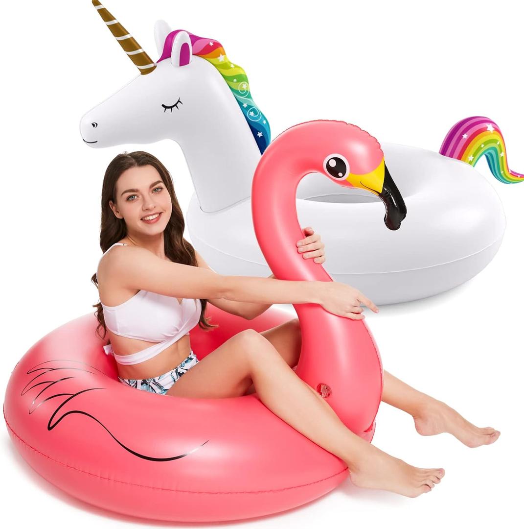 Inflatable Unicorn Flamingo Pool Floats - Jasonwell 2 Pack Pool Floaties Inflatables Rafts for Swimming Pool Tubes for Floating Lake Beach Floaty Swim Rings Pool Party Toys for Adults Kids, 42"
