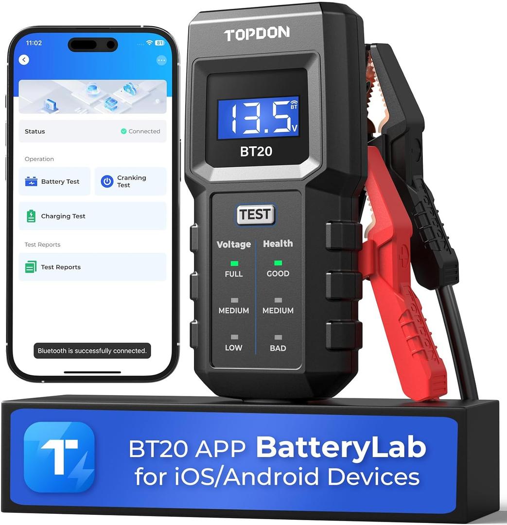 12V Car Battery Tester, TOPDON BT20 Battery Load Tester 100-2000CCA, Cranking&Charging Test via App, Record Voltage History, Automotive Battery Analyzer&Checker for Car Truck SUV Boat