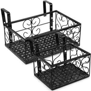 Tosnail Set of 2 Pack Rectangular Metal Railing Plant Stand, Large and Small Flower Pot Holder, Fence Planter Tray for Indoor Outdoor Use - Black
