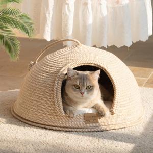Cheerpals Cat Cave Bed with Washable Cushion and Ball, Handwoven Cotton Rope Cat Basket Bed for Indoor Cats Bed Covered, 3-in-1 Scratching, Playing & Sleeping, All Season Universal(White)