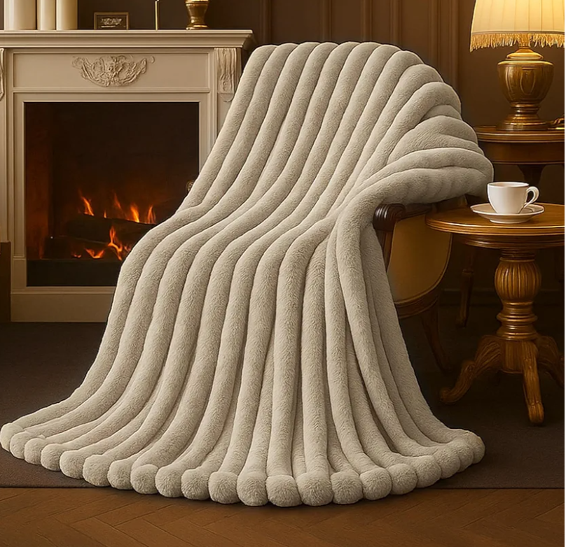 Cozy Fuzzy Fluffy Fur Luxurious Soft Striped Plush Gift Blankets for Family Sofa Chair Bedroom, 50 x 60 Beige