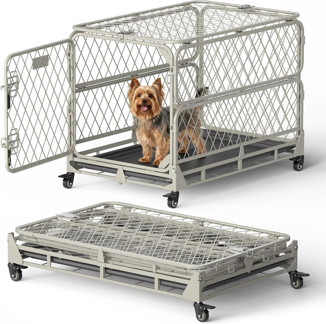 30 Inch Collapsible Dog Crate for Small Dogs, Foldable Metal Dog Kennel with Reinforced Diamond Wire Mesh, Escape Proof Foldable Dog Cage, Leak-Proof Removable Tray, Double Secure Door Latch