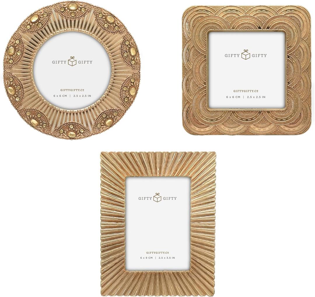 Classic Gold 1920s Mini Frame Set/Set of 3/2.5x2.5 & 2.5x3.5 In | For Tabletop Display | Perfect for Home Decor, Wedding, Graduation, Or Milestone Photos