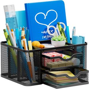 Marbrasse Mesh Desk Organizer, Pen Organizer with 2 Drawer, Multi-Functional Pencil Holder, Desk Organizers and Accessories with 5 Compartments + Drawer for Office Art Supplies (Black)