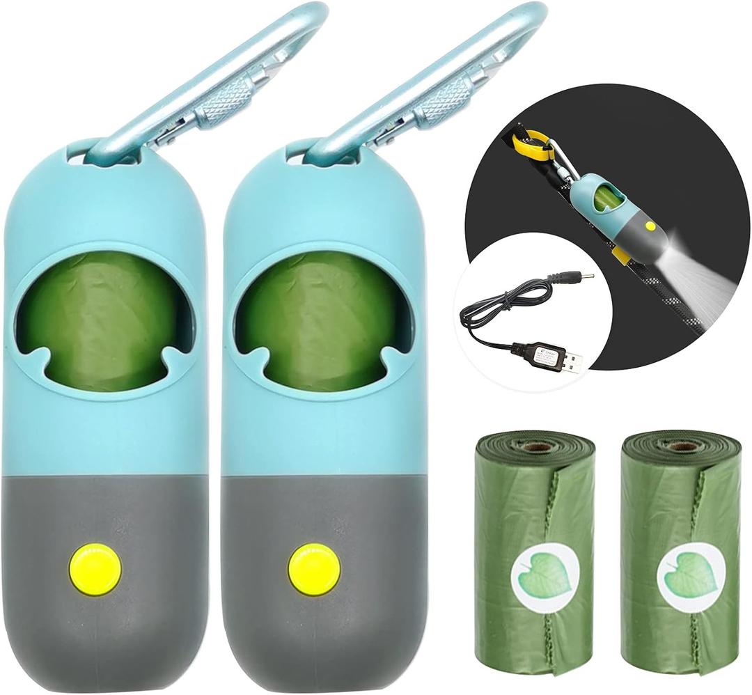 2 Pack Poop Bag Holder with Rechargable Flashlight Dog Poop Bags Dispenser for Leash with Green Scented Dog Waste Bags and USB Cable(Blue,2 Dispenser 60 Bags)