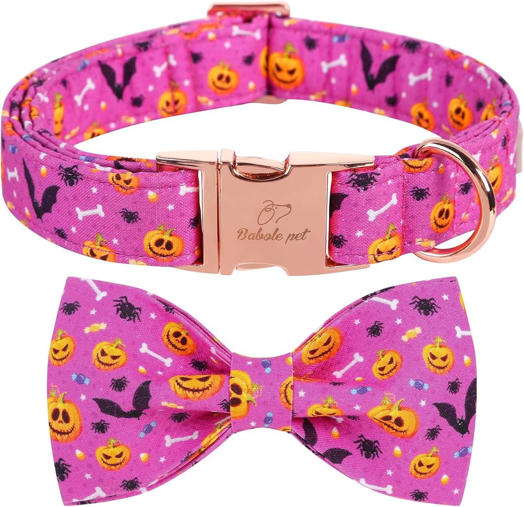 Haloween Dog Collar with Bow Tie - Cute Pumpkin Bat Purple Dog Collars, Adjustable Cotton Metal Buckle Bowtie Collar for Small Medium Large Boy Girl Dogs XL