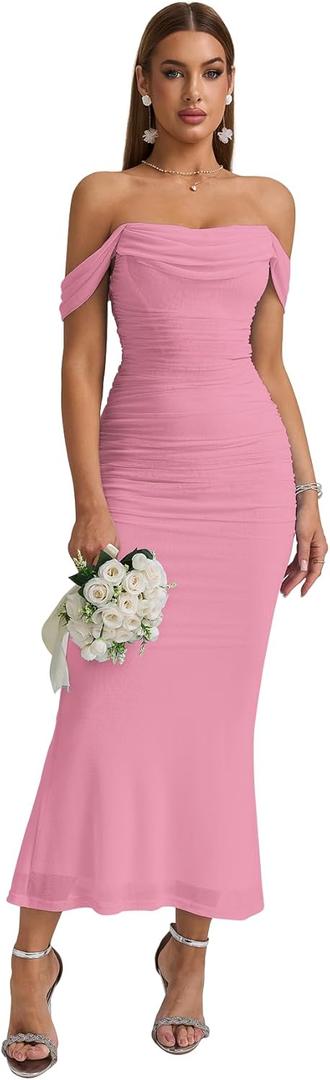 KUTUMAI Off The Shoulder Maxi Long Dress Corset Ruched Bodycon Cocktail Formal Wedding Guest Dresses for Women