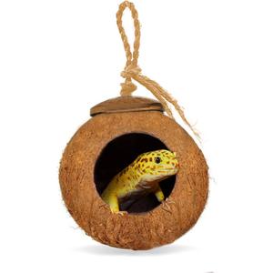 SunGrow Leopard Gecko Coco Hut, Gecko Climbing Accessories, Raw Coconut Shell Reptile Hide, Terrarium Habitat Dcor, 2.5 Opening Diameter, with Fiber Loop for Hanging (1-Hole)