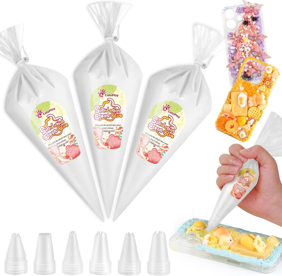 Cream Glue, 3PCS White Whipped Cream Glue Kit (Each 100g) with 6PCS Piping Tip, DIY Phone Case Kit for Decoration Craft Gift Fun for Birthday, Christmas