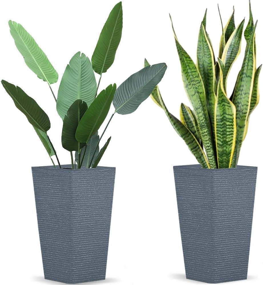 2 Pcs Pack Heavy Duty Plastic Resin 17 Inches Tall Tapered Planter Pots Large Square Planter Flower Pot with Drainage Holes for Indoor Outdoor Deck Porch Garden Home Patio Front Door (Dark grey, S)