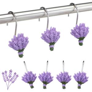 Amyhill 12 Pcs Lavender Decorative Shower Curtain Hooks Purple Lavender Shower Curtain Rings Hanger Stainless Steel Resin Spring Floral Themed Hooks for Home Bathroom Decor