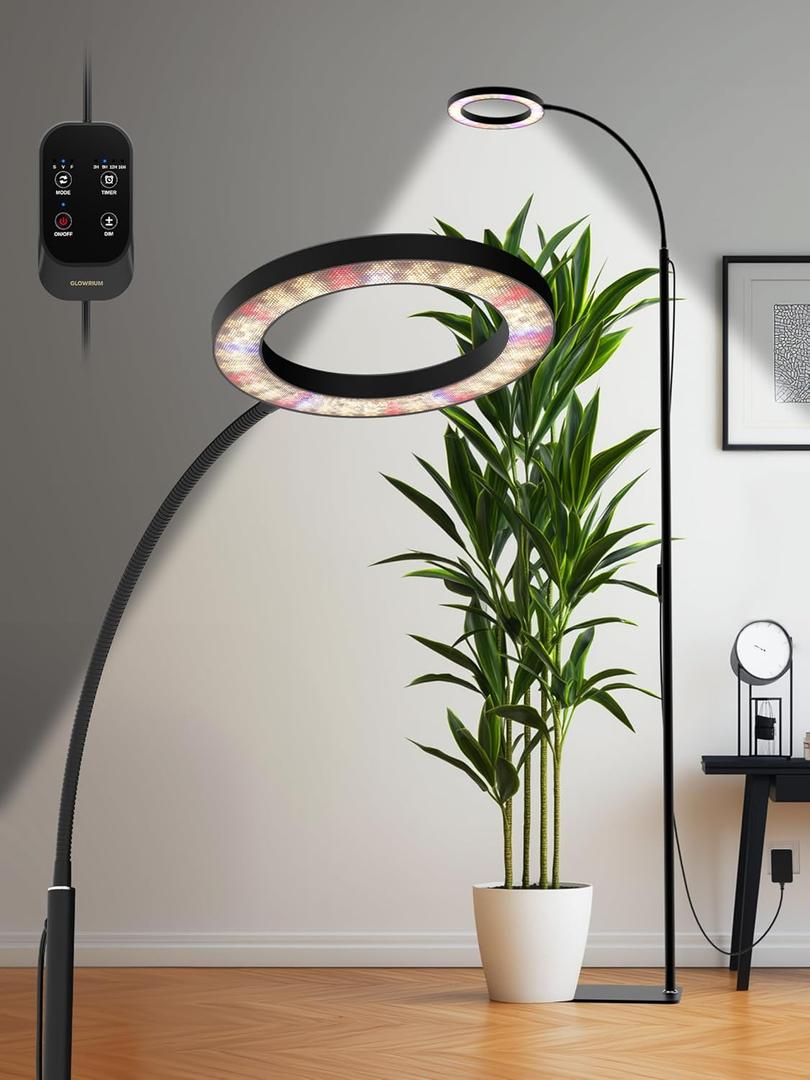 GLOWRIUM Grow Lights for Indoor Plants, Full Spectrum LED Grow Light, Stepless Dimming,3 Lighting Mode and Adjustable Height, Plant Light with 3/9/12/16H Timer (Black, 24W)