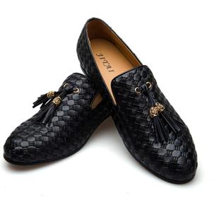 Men's Vintage Velvet Embroidery Noble Loafer Shoes Slip-on Loafer Smoking Slipper Tassel Loafer (10.5, Black)