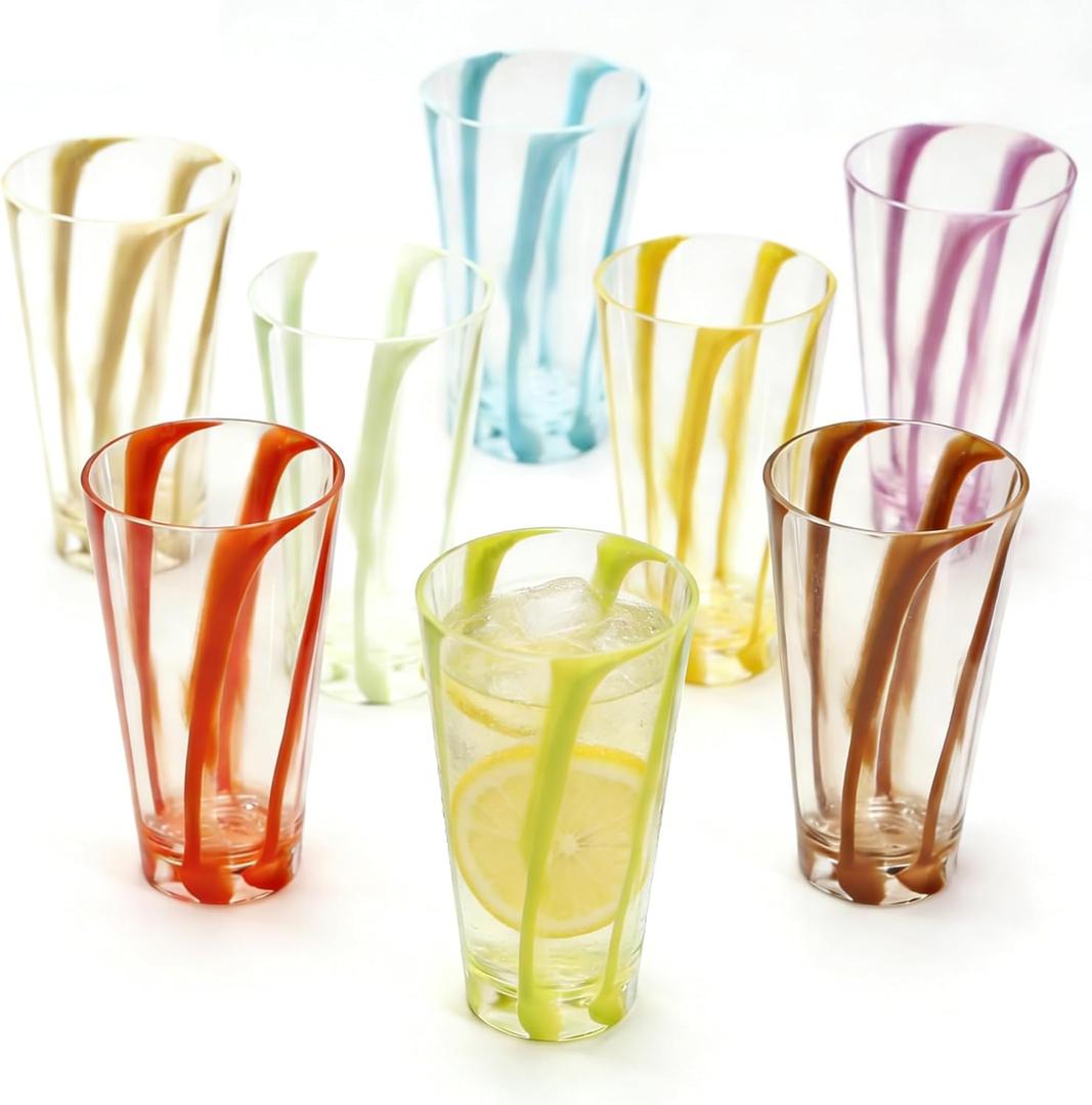 Drinking Glasses (Set Of 8) 22 Oz Plastic Reusable Cups, BPA Free Stackable Water Tumblers Dishwasher Safe Colored Clear Glassware for Kitchen, Cocktail, Ice Coffee, Tea, Juice, Beer