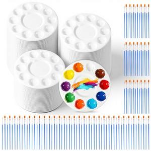 150 Pcs Painting Brushes Palettes Set, Including 50 Painting Palettes with 10 Wells, 100 Small Paint Brushes (Flat/Round), Nylon Brush Head, Paint Supplies for Acrylic Oil Watercolor Canvas Art DIY