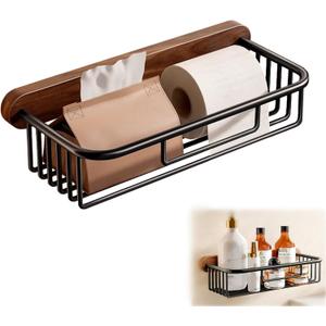 Bathroom Shelves,Toilet Paper Holder Wall Mount,Walnut Wooden & Aluminum Shelf Organizer Rack, Large Capacity No-Drill Rack Storage