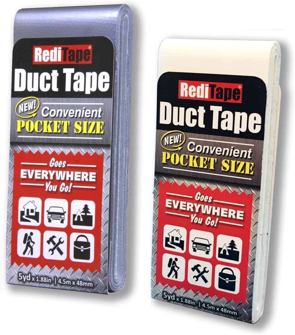 Travel Size Duct Tape Colors 2-Pack (Silver & White) - Pocket Size Flat Mini Roll - for Repairs Outdoors Emergency Crafts - 1.88 inch x 5 Yards per Pack