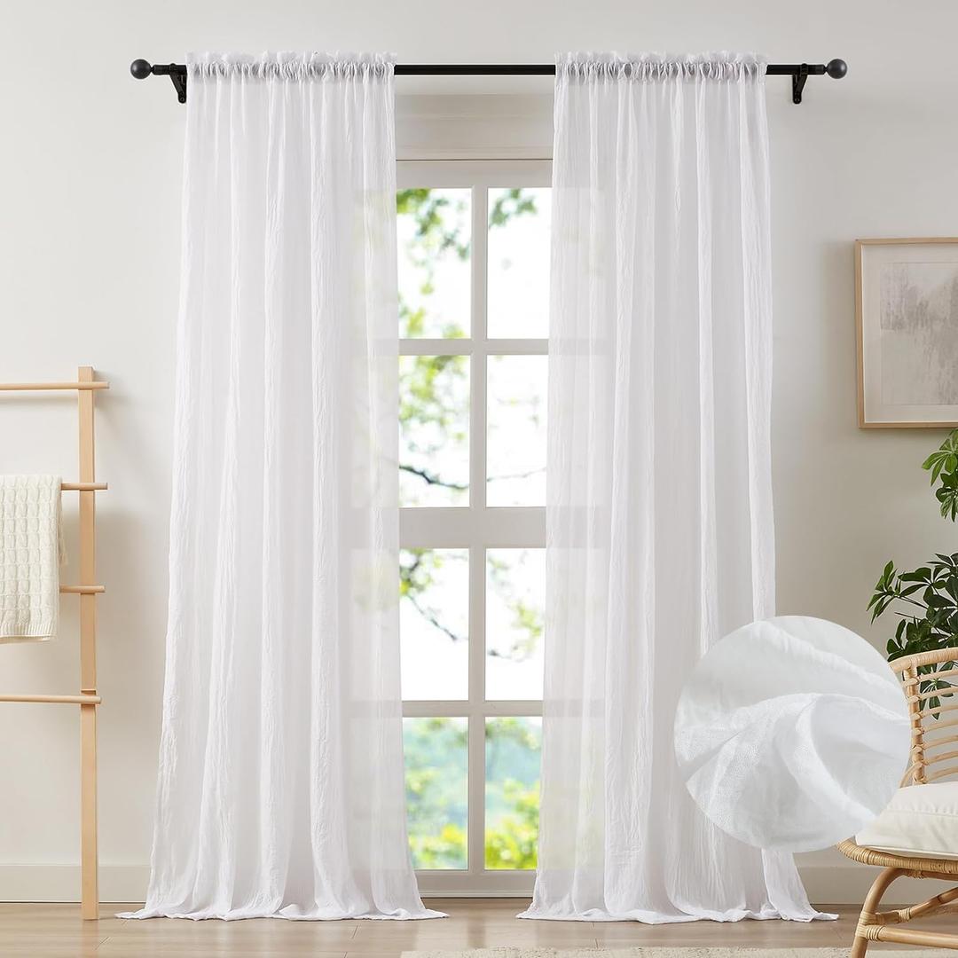 Elegant White Sheer Curtains 84 Inches Long for Living Room Bedroom, Cotton Linen Textured Light Filtering Crinkle Sheer Drapes Natural Rod Pocket Voile Curtains, W52 x L84 in, 2 Panels