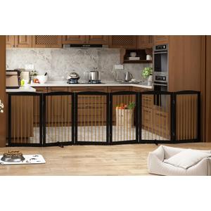 PUPETPO Freestanding Pet Gate for Dogs, Indoor Wooden Dog Gate for House, Extra Wide Foldable Dog Gate for Stair, Doorway, Hall, Support Feet Included, 120 Inch Wide, 6 Panels 32",Black&Gold