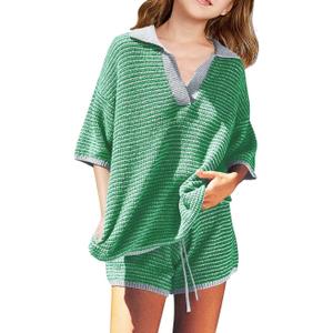 Girls 2 Piece Outfits Set Oversized Short Sleeve V Neck Knit Sweater Tops Casual Shorts Lounge Set (Green)