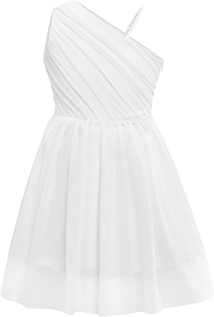 Batermoon Girls One Shoulder Dress Summer Party Graduation Semi Formal Short Dresses (White), 160