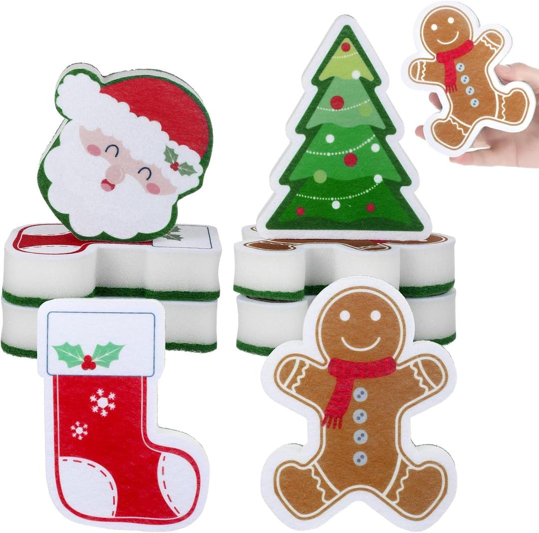 Domensi 8 Pcs Christmas Sponges Santa Christmas Tree Gingerbread Man Household Cleaning Dishwasher Sponges Non Scratch Scouring Pad for Dish