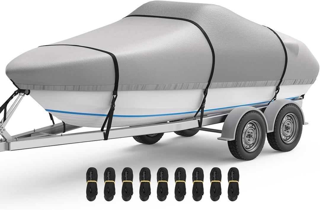 RVMasking Boat Cover, 1400D Heavy Duty Middle Reinforced, Waterproof Trailerable with Storage Bag for V-Hull, Tri-Hull, Fish & Ski, Runabout Bass Boat (14'-16' LongBeam Width up to 90", Gray)